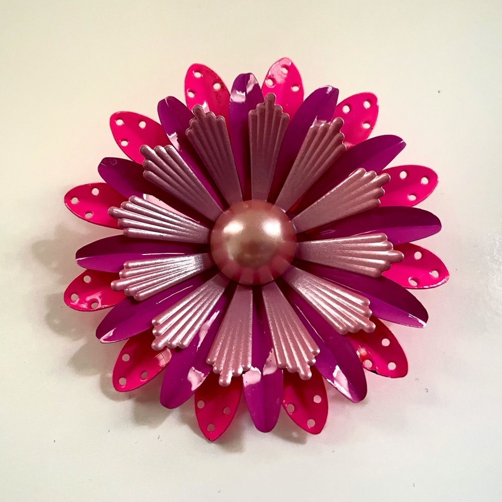 Vintage 60's Hot Pink & Purple Folded Pierced Petal Enamel Flower Pin Brooch